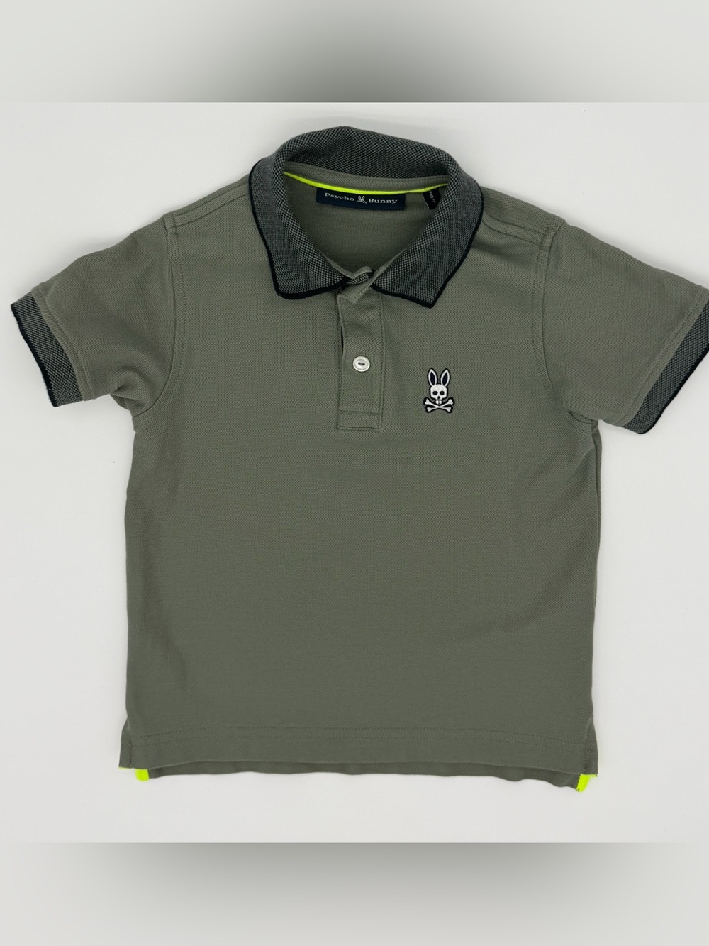 Psycho Bunny Boys Pima Cotton Pique Polo Shirt Olive Green Gray Neon Accent Sz 4